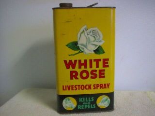 Vintage White Rose Livestock Spray Square One Gallon Tin Oil Companies Canadian