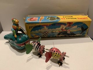Vintage 1950s Tin Litho Wind - Up Monkey Fishing On Whales By Tps Japan