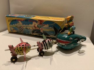 Vintage 1950s Tin Litho Wind - Up Monkey Fishing On Whales By TPS Japan 2