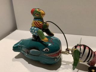 Vintage 1950s Tin Litho Wind - Up Monkey Fishing On Whales By TPS Japan 3