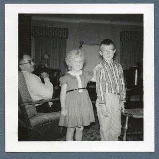 Vintage Photo Snapshot 50s Annie Look - Alike Cute Little Girl Poses W Nerdly Boy