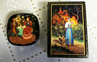 Two Vintage Russian Lacquer Boxes,  Hand Painted Metal & Decoupaged Wooden Boxes