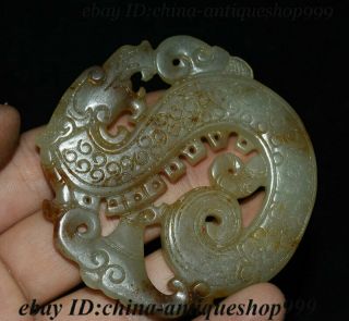 Old China Jade Stone Carved Dragon God Loong Animal Beast Amulet Pendant Statue 3