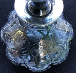 ANTIQUE PERFUME BOTTLE.  1000 FINE SILVER OVERLAY LARGE CLEAR GLASS C - 23 - 2 2