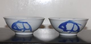 2 X 100 Hand Painted 5 " C20th Chinese B/w Koi Carp Fish Coupe Bowls 2