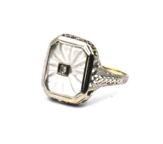 Antique Art Deco Diamond Camphor Glass Ring Filigree 10k White Gold Size 5.  75