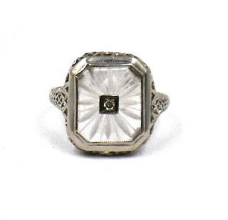 ANTIQUE ART DECO DIAMOND CAMPHOR GLASS RING FILIGREE 10K WHITE GOLD SIZE 5.  75 2