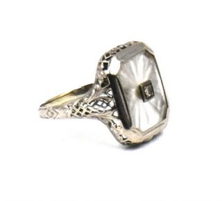 ANTIQUE ART DECO DIAMOND CAMPHOR GLASS RING FILIGREE 10K WHITE GOLD SIZE 5.  75 3