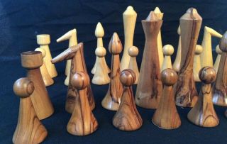 Vintage Olive Wood Mid Century Modern Chess Set 4.  5 " King Israel Weighted