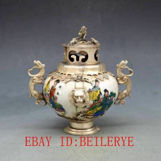 Chinese Old Porcelain Inlaid Tibetan Silver Copper & Monkey Lid Incense Burner