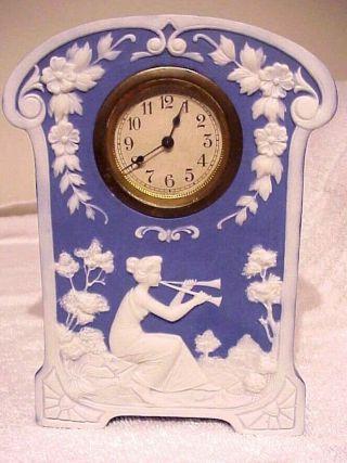 Gorgeous Antique German Neoclassical Blue & White Jasperware Novelty Clock