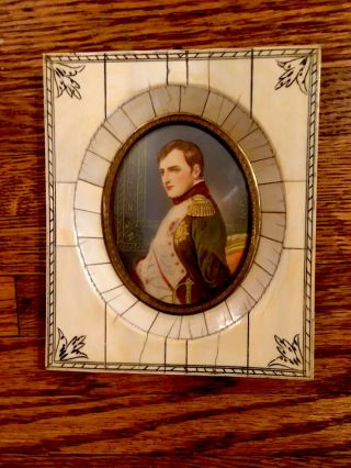 Antique Miniature Portrait Painting Of Napoleon In Ivory Frame