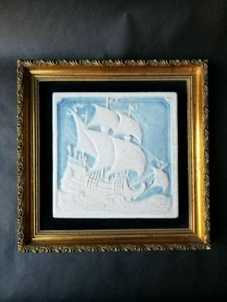 Marblehead Art Pottery Ship Tile,  Blue And White Early 20th Century C.  1910