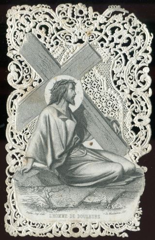 Antique Lace Holy Card Of Jesus With Cross