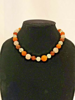 Vintage Chinese Multi Color Carved Gemstone Beads Necklace W/sterling Closure
