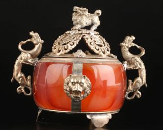 Collectable Old China Tibet Copper Agate Lion Dragon Incense Burner Rn