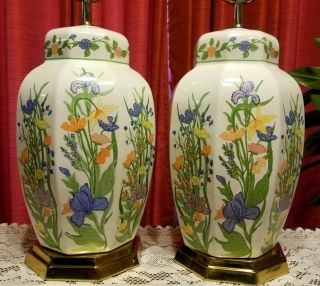 Vintage Set Of 2 Table Lamps Floral Purple Iris Wildflowers Ceramic Ginger Jar