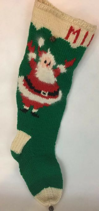 Hand Knit Christmas Stocking Santa Angora Beard 21” Vtg 1950s Prop Monogram Mike