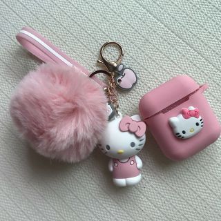 Cute Hello Kitty Pom Pom Fur Ball Strap Case Cover For Airpods Key Chain Keyring