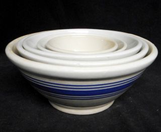 Nest Of 5 Antique Mixing Bowls White Pottery With Blue Bands 1920 