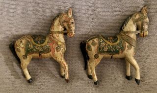 2 Antique Folk Art Horses Hand Painted Great Detail Carnival Parade