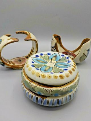 3 Vintage Ken Edwards Candle Holders Tonala Mexico Pottery Birds & Flowers