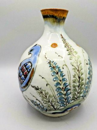 Vintage Ken Edwards Tonala Mexico Stoneware Bottle Vase Birds & Flowers