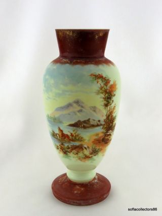 Victorian Era Bohemian Mantle Type Vase With Mountain Lake Scene - Uranium Glass