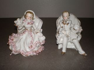 Pair Porcelain Figurines Man & Woman Sitting Chair Victorian Couple Vintage 4 "