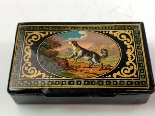 Antique Papier Mache Black Lacquer Box W/ Painting Of Hunting Spaniel Dog