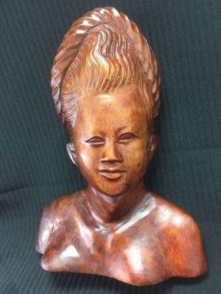 Vintage Teak Wood Female Bust Carved Table Sculpture Asian Indonesia Headdress