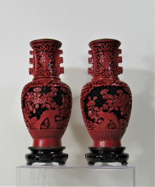 Chinese Vintage Pair Carved Red On Black Cinnabar Lacquer And Enamel Vases