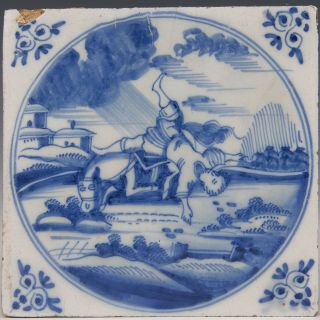 Dutch Delft Blue Tile,  Biblical Tile,  Man Falls Of Horse,  18th.  Century.