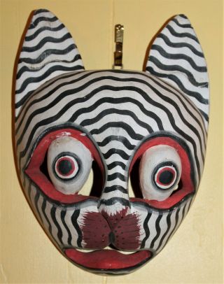 Vintage Cat Bali Mask Wood Hand Carved Painted Wall Art Folk Balinese 9 " X 6 1/2 "
