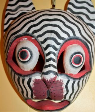 Vintage Cat Bali Mask Wood Hand Carved Painted Wall Art Folk Balinese 9 