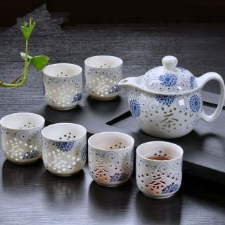 7p Chinese Porcelain Linglong Series Tea Set Blue - And - White Porcelain Pot Cup