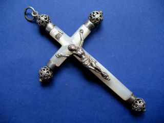 Large Pendant Mother Of Pearl Cross Sterling 19 Century