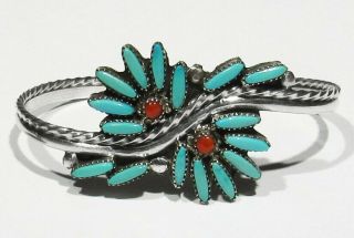 Vintage Signed Haskie Zuni 925 Silver Turquoise Coral Cactus Roses Bracelet 6 "