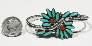 Vintage Signed Haskie Zuni 925 Silver Turquoise Coral Cactus Roses Bracelet 6 