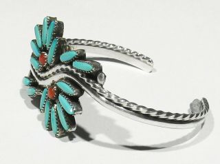 Vintage Signed Haskie Zuni 925 Silver Turquoise Coral Cactus Roses Bracelet 6 