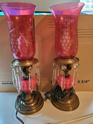 Vintage Pair Cranberry Etched Glass Hurricane Lamps With Prism Mantel / Boudoir