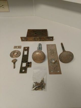 Antique Vintage Victorian Eastlake Brass Door Knob Set Bronze Lock Plate