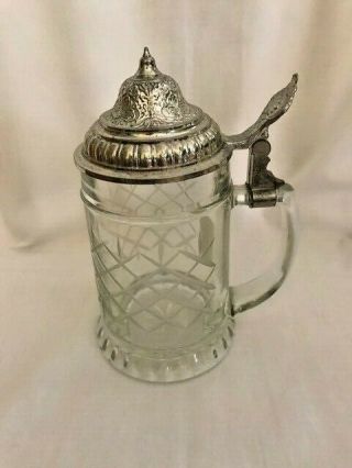 Vintage Clear Etched Glass Lidded Beer Stein - Made In Germany - 7 3/4 " Tall