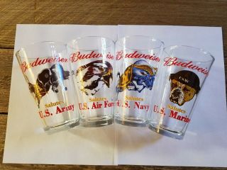 Set Of 4 Budweiser Salutes The Marines,  Army,  Navy,  Air Force Beer Glasses
