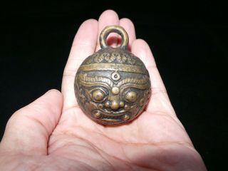 Old Nepal Tibet Bronze Shaman Guardian Faced Tiger Bell Pendant Ii