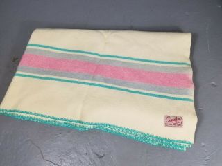 Vintage 80x70 " Cream Wool Striped Blanket Pink Blue Condon 