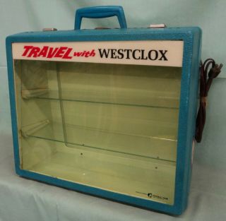 Vintage Travel With Westclox Lite Up Clock Display Case Glass Shelves Nos 17x14