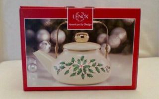Lenox Holiday Tea Kettle W/holly Berry Design W/gold Trim Enamel On Steel Nib