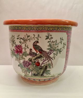 Vintage Chinese Floral Design Fish Bowl Planter Hand Painted 9 1/2”x 12”