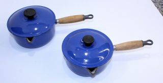 2 Vintage Le Creuset Blue Enameled Cast Iron Wood Handle Sauce Pan 18 & 16